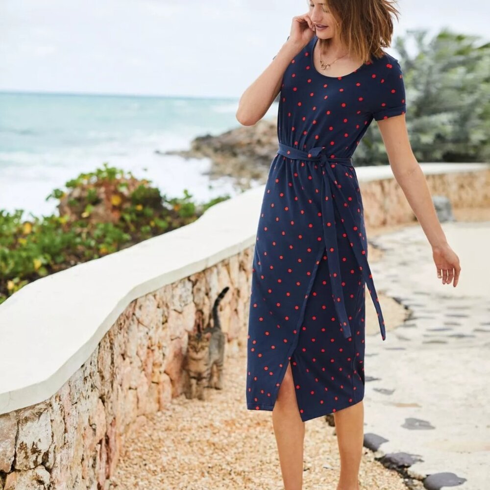 Boden Navy Midi Dress with Red Polka Dots
